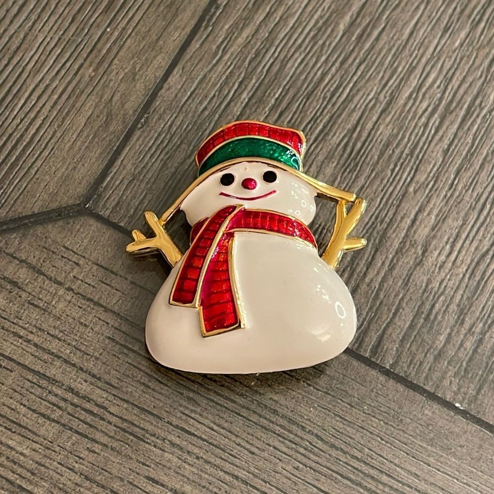 Christmas Holiday Themed Snowman Brooch, Enamel Snowman Pin